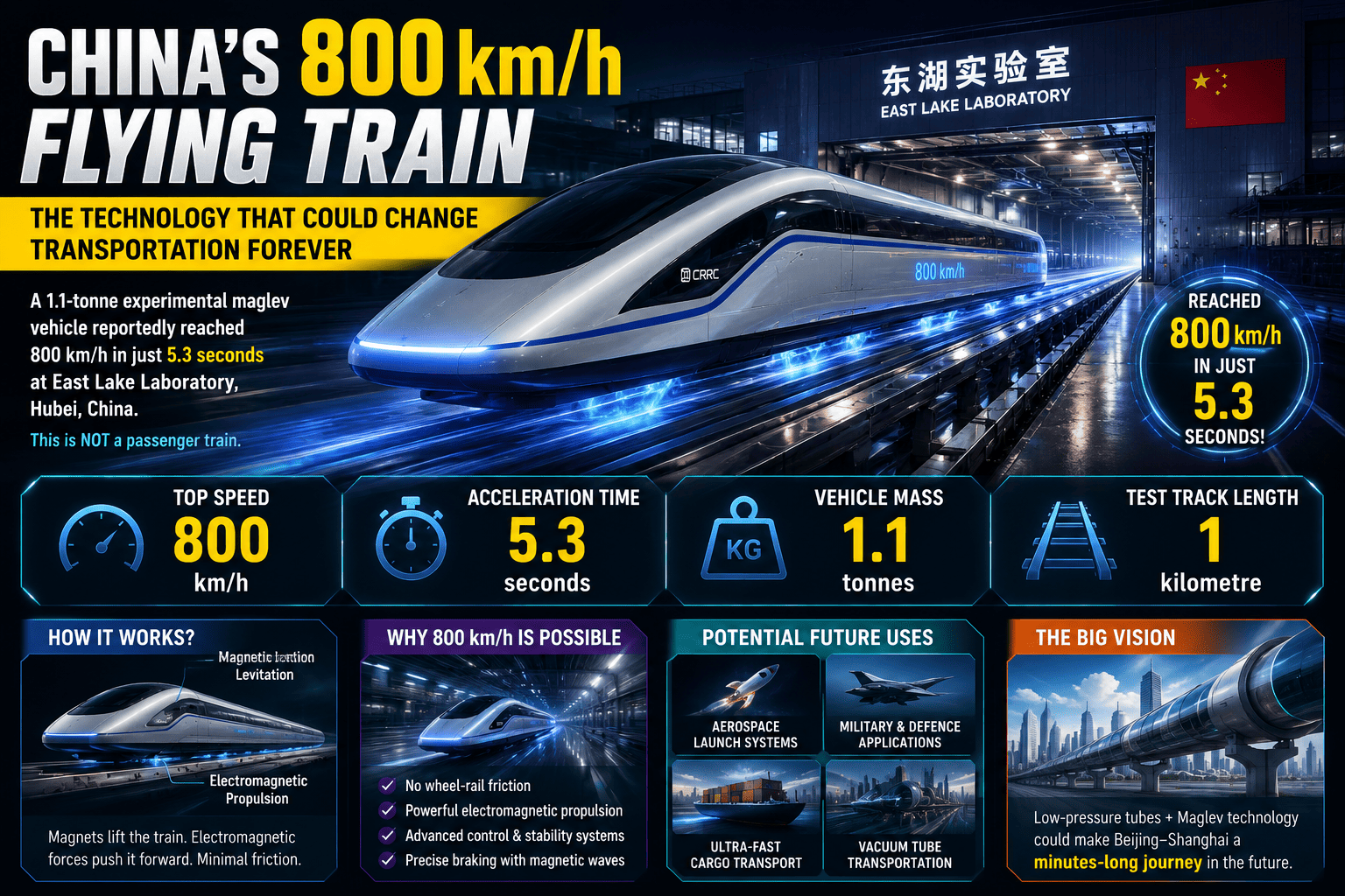 China’s 800 km/h Flying Train: How It Reached 800 km/h in 5.3 Seconds